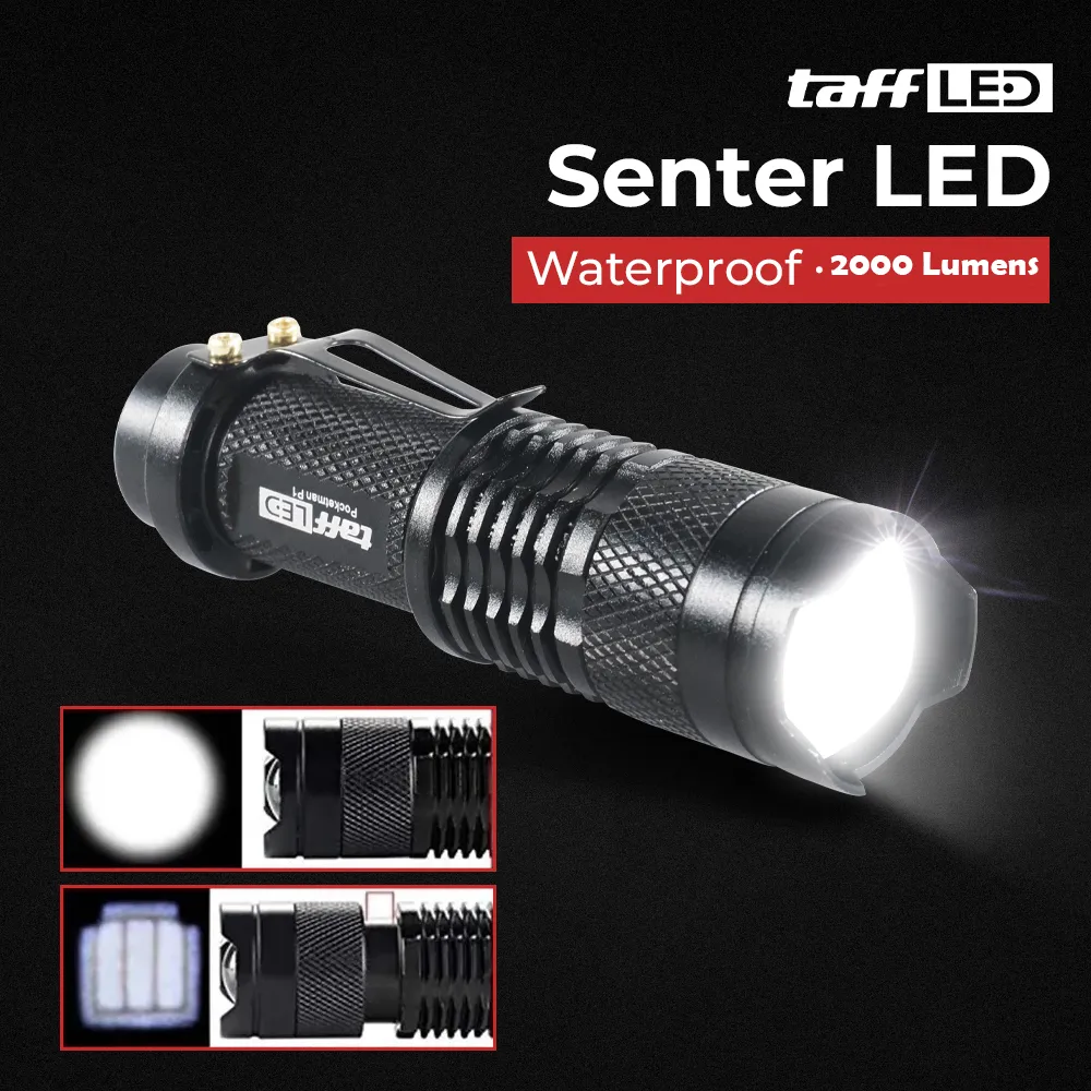 TaffLED Senter LED Flashlight 2000 Lumens Zoom Waterproof - Pocketman P1