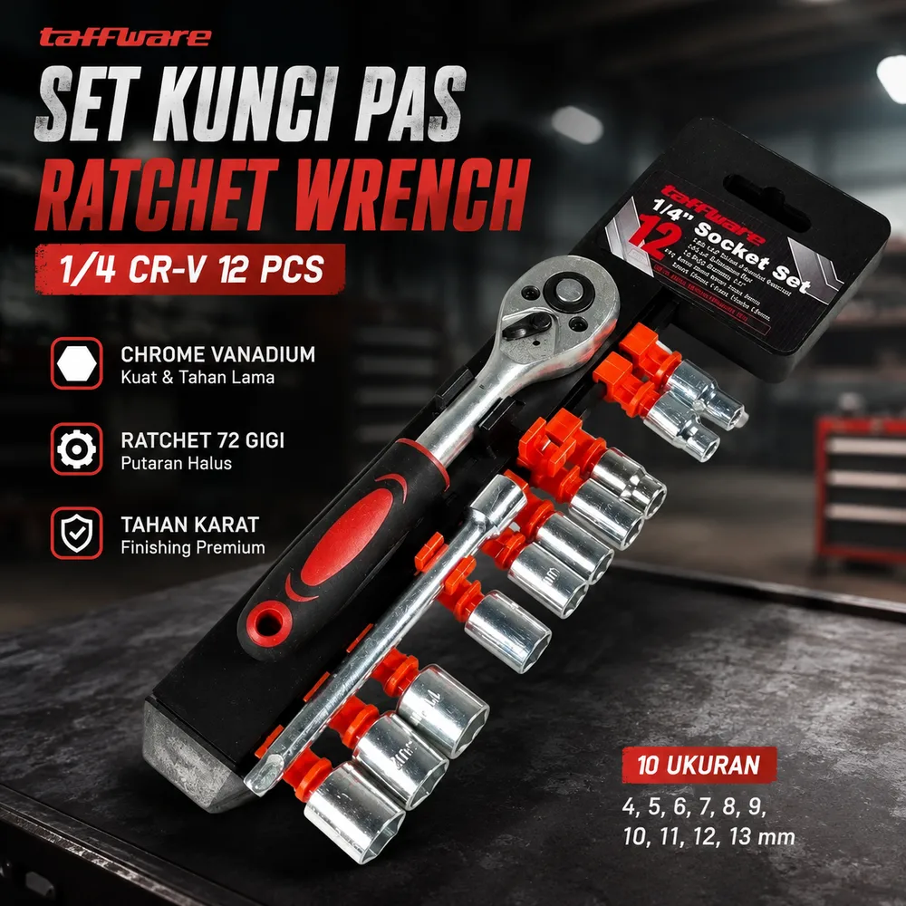 Taffware Set Kunci Pas Shock Ratchet Wrench 1/4 Handle CR-V 12 PCS